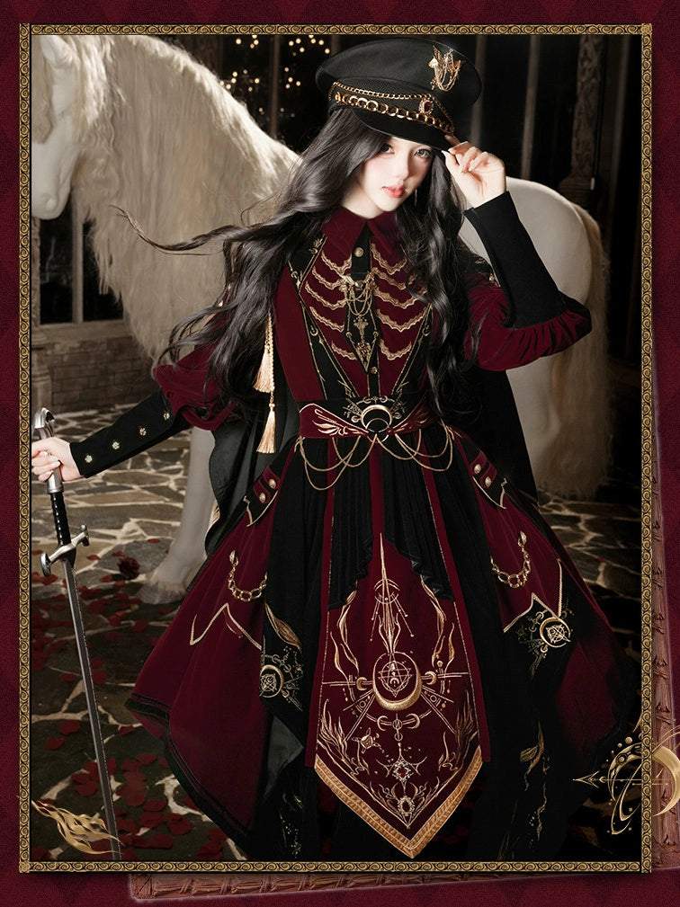 Final Relic Military Gothic Lolita Red & Black OP Dress Full Set