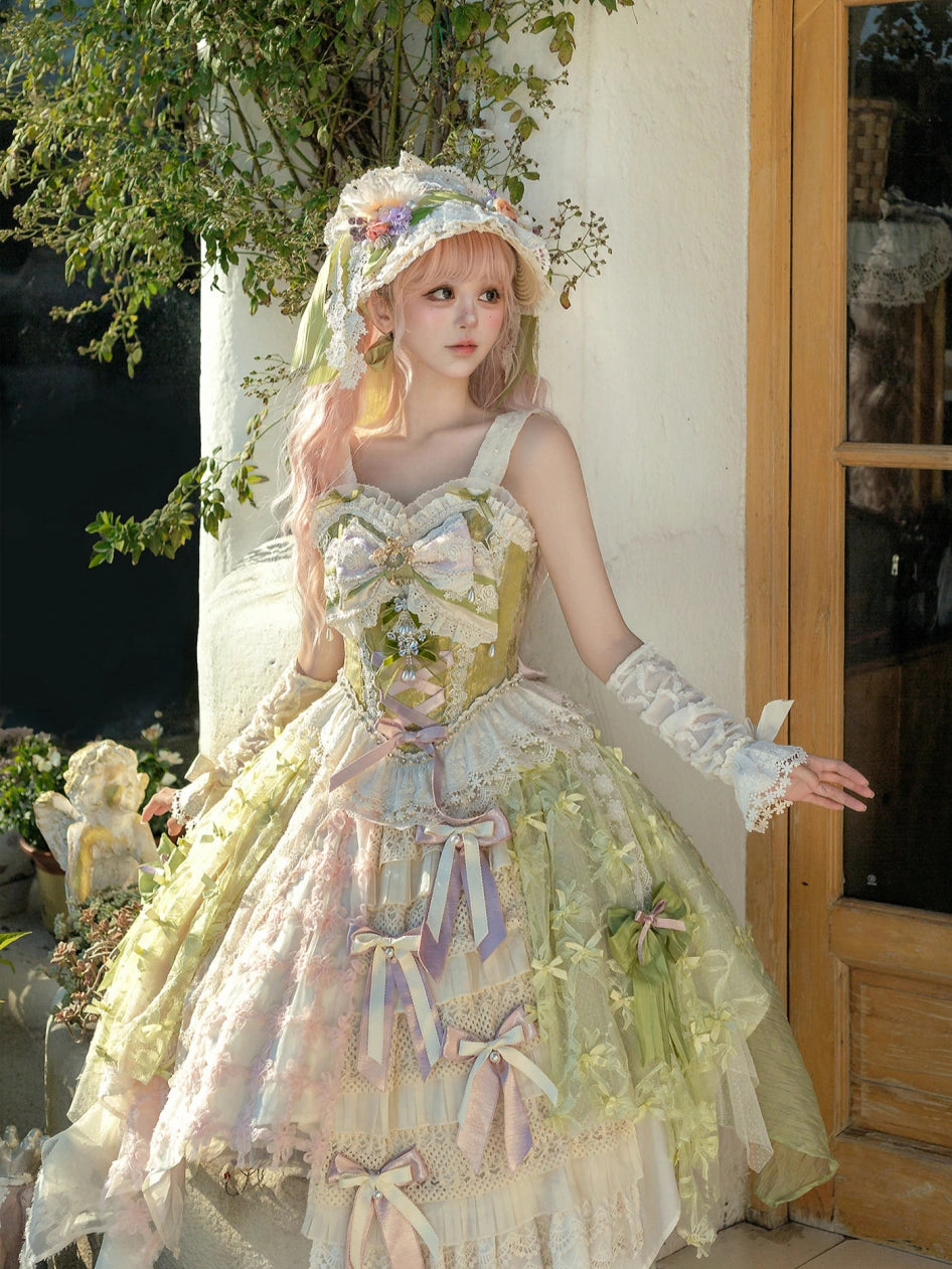 Whisper of Spring Field Lolita Original Green Boned Corset & Skirt Set