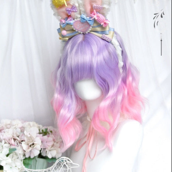 Short Curly Purple to Pink Mixed Ryousangata Wig LE7025