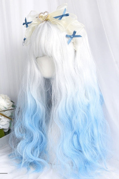 Long White Blue Mixed Color Wavy Wig