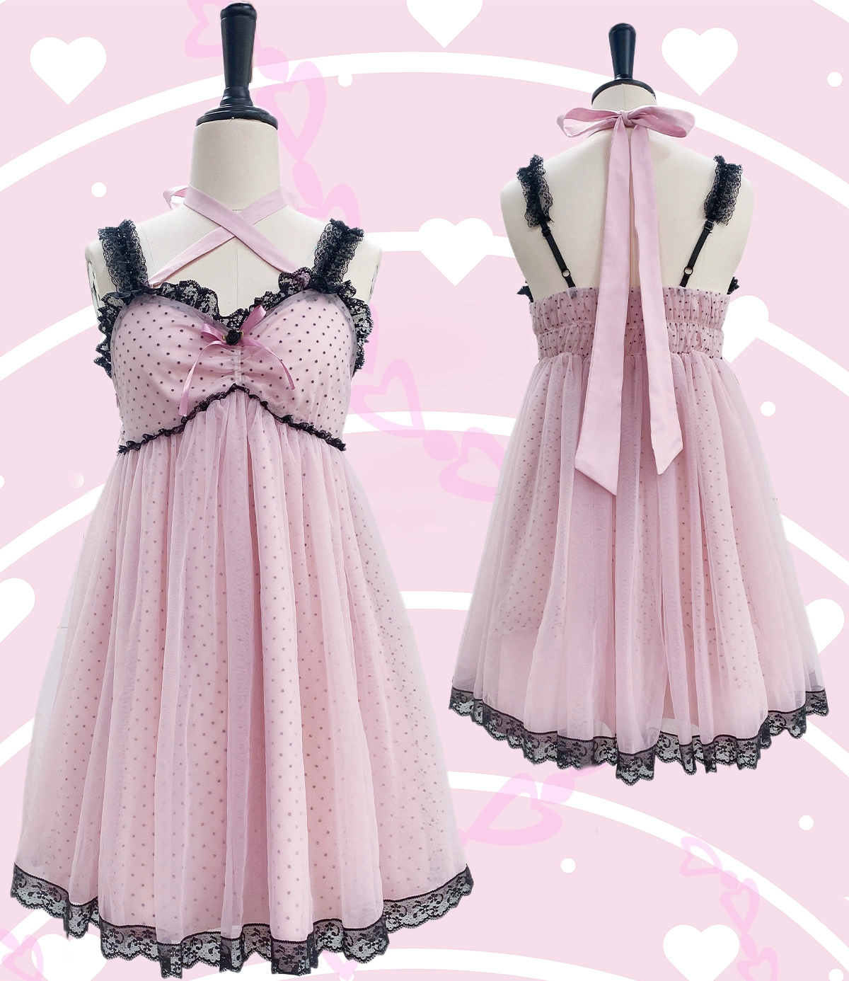 Black Pink Polka Dot Lace Cami Dress