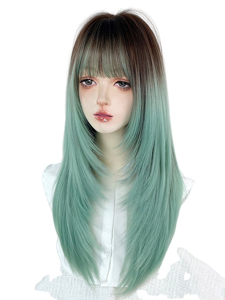 Long Straight Green to Brown Mixed Color Y2K Wig LE7002