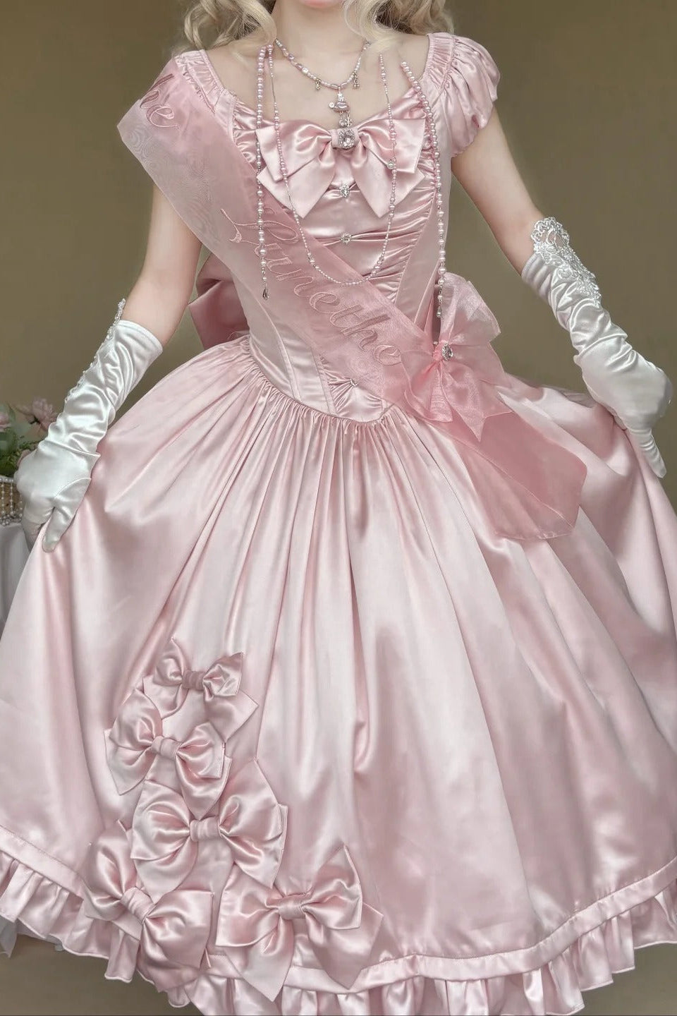 Silver Satin Box Bow Sash Puff Sleeve Classic Lolita OP Dress