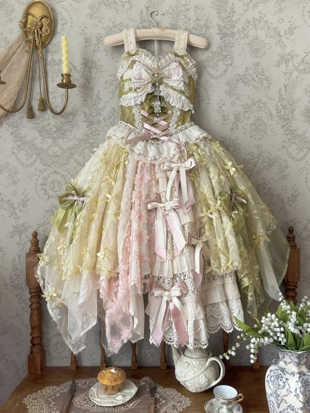 Whisper of Spring Field Lolita Original Green Boned Corset & Skirt Set