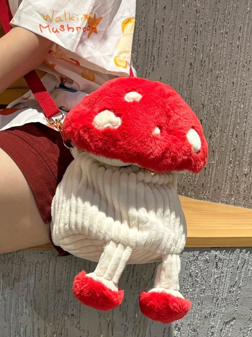 Walking Mushroom Plush Flap‑over Bucket Bag