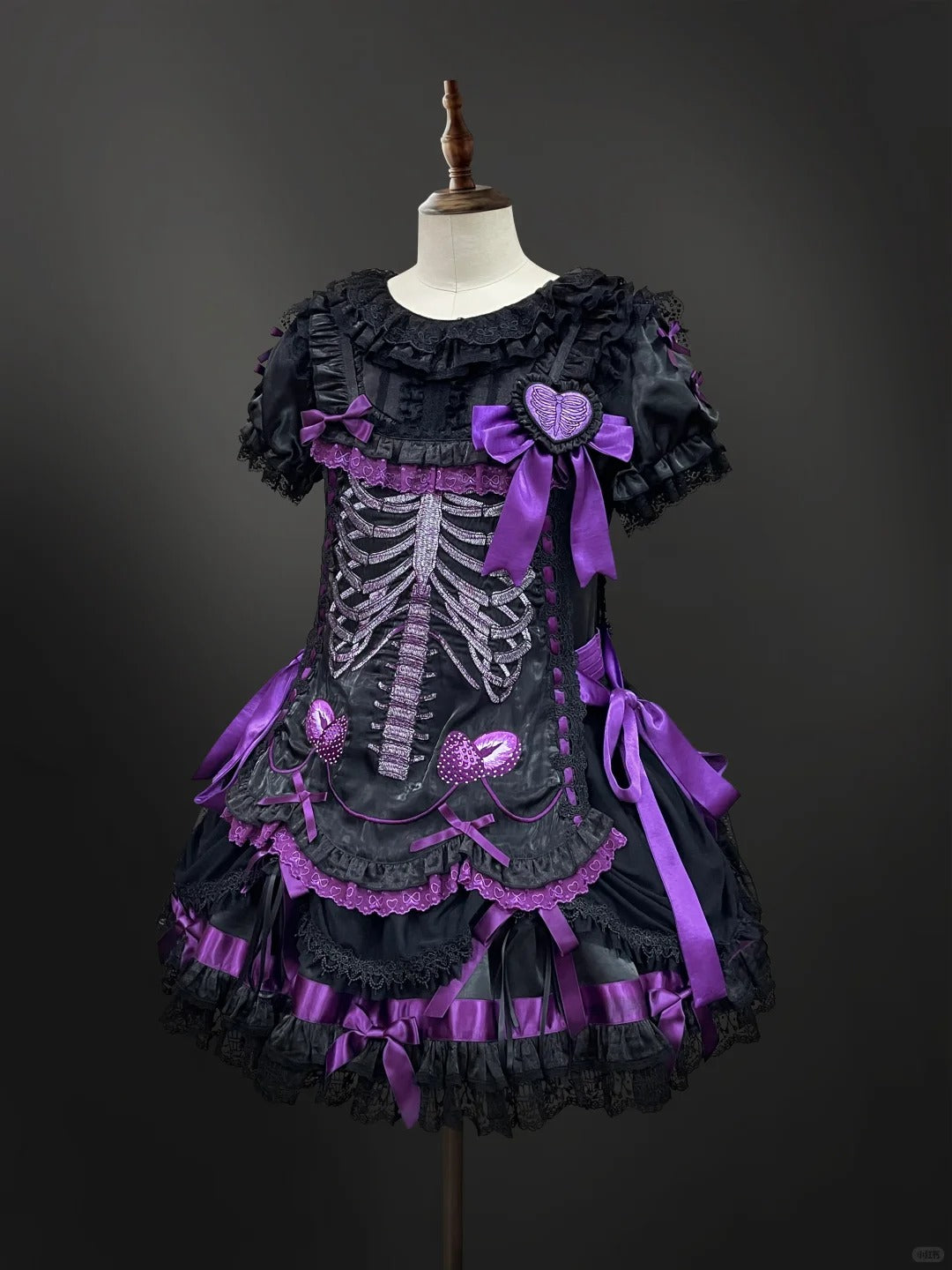 Strawberry Heart Bone Black and Purple Gothic Lolita OP Dress