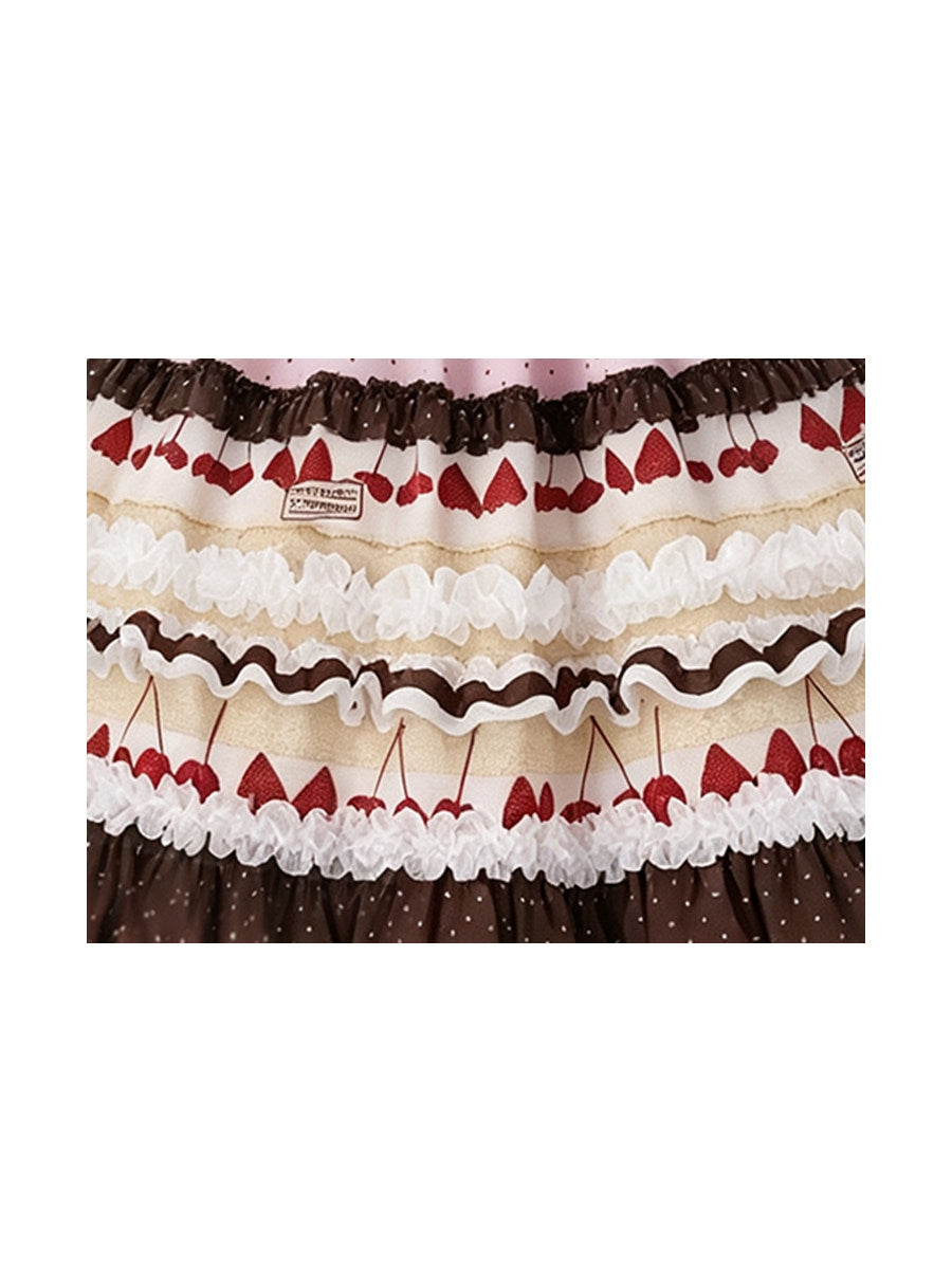 Chocolate Strawberry Polka Dot Puffy Long Cake Skirt
