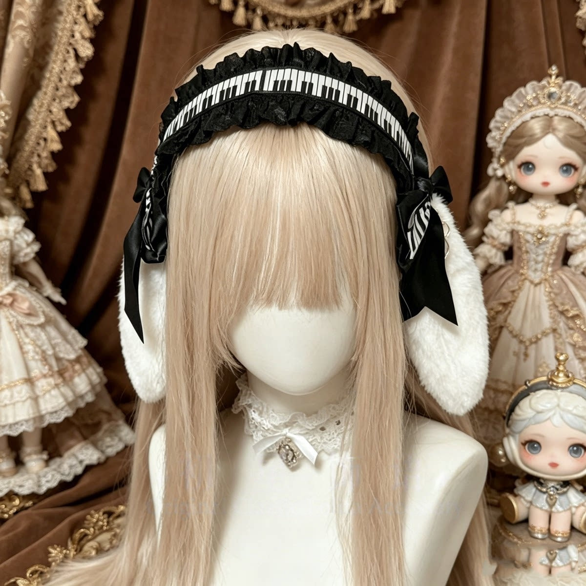 Piano Key Lace Bunny Ear Lolita Headband Mini Hat Hair Accessory Set