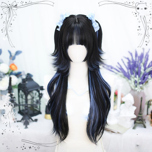 Long Black Curly Y2K Wig with Blue Highlights LE7008
