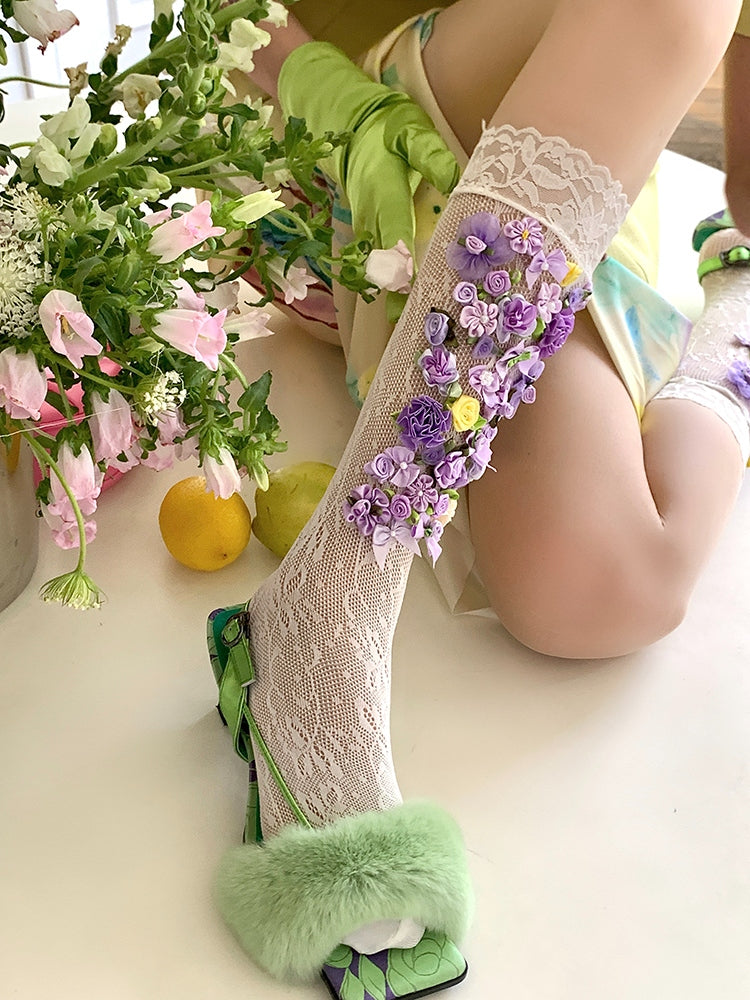 Dreamy Purple Fairy Flower French Vintage Bow Pile SocksLE9034