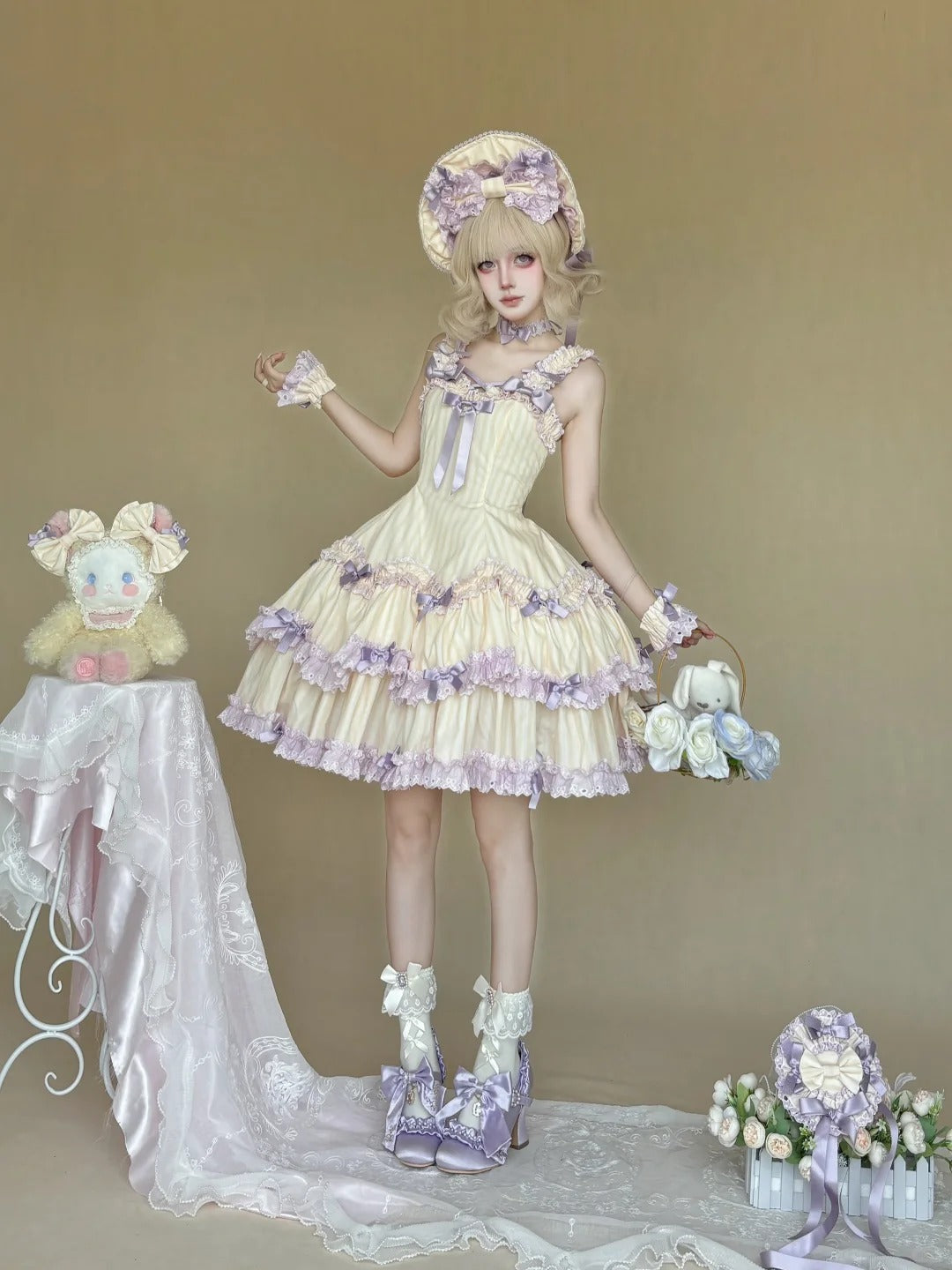 Eternal Girl‑Heart Printed Striped High‑Waist Lolita JSK/OP Dress