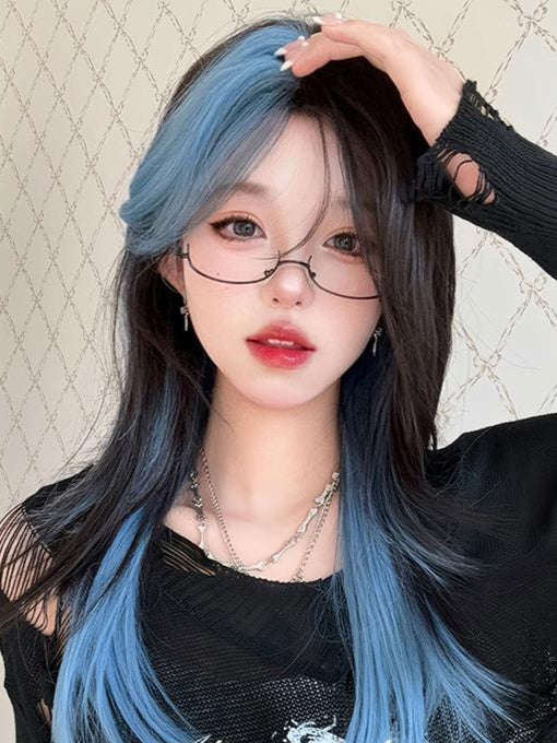 Long Straight Black to Blue Y2K Mixed Color Wig LE7011