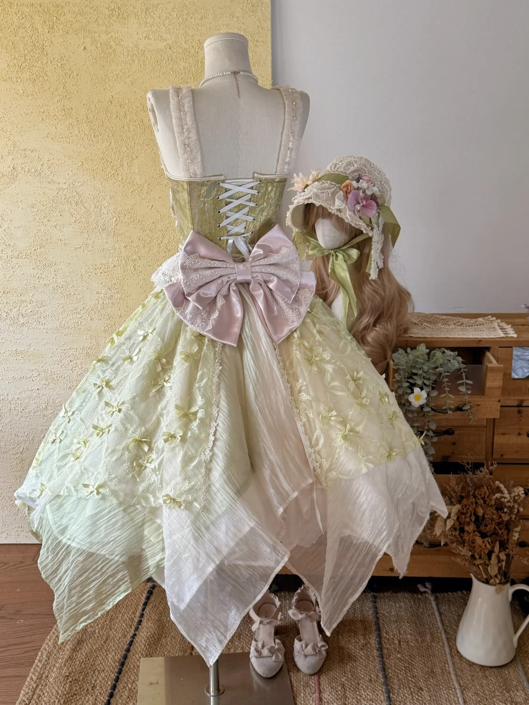 Whisper of Spring Field Lolita Original Green Boned Corset & Skirt Set