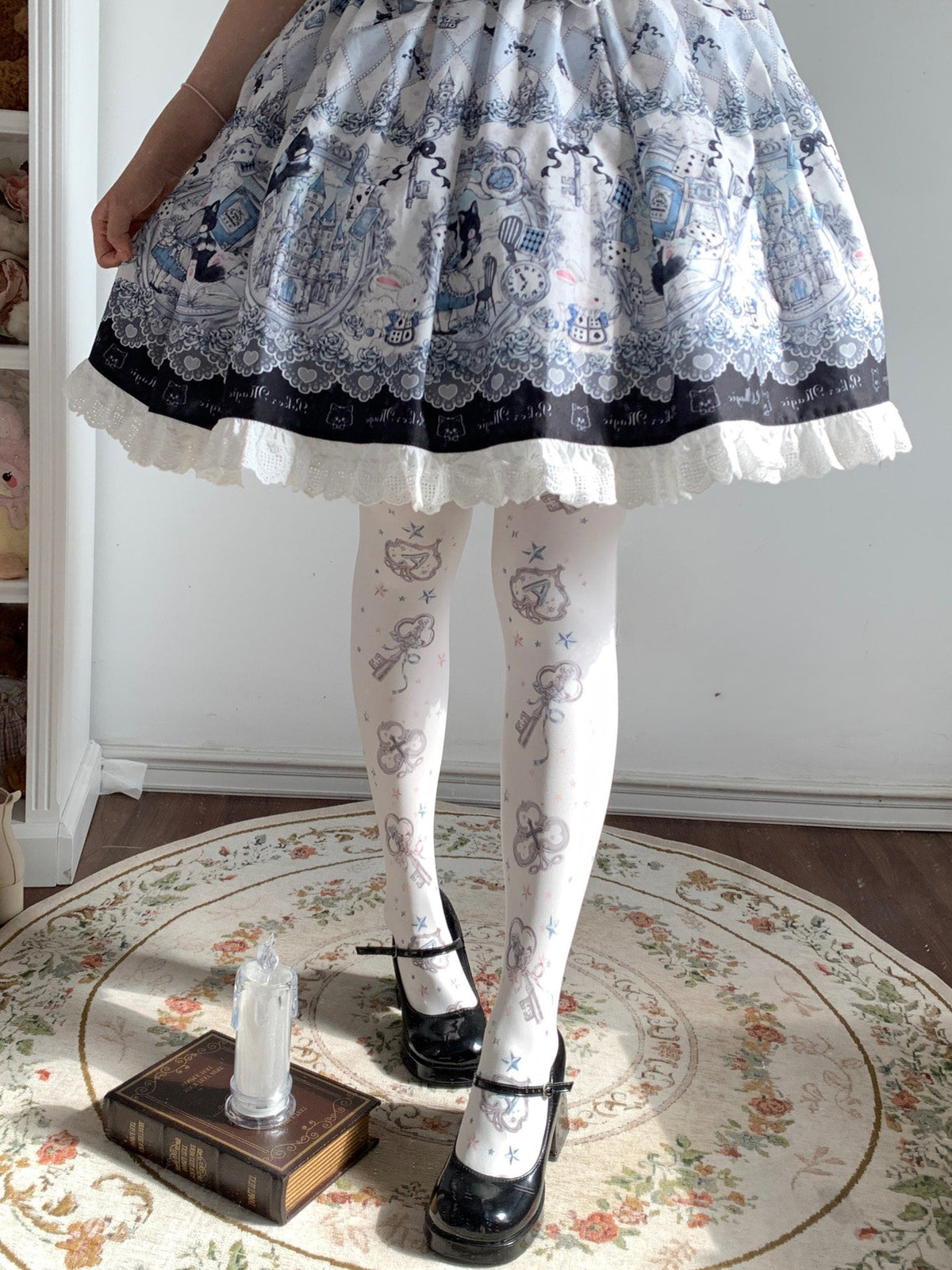 Alice Gold or Silver Key Print Stretch Velvet Lolita Tights