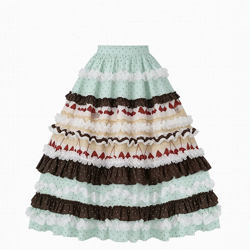 Chocolate Strawberry Polka Dot Puffy Long Cake Skirt