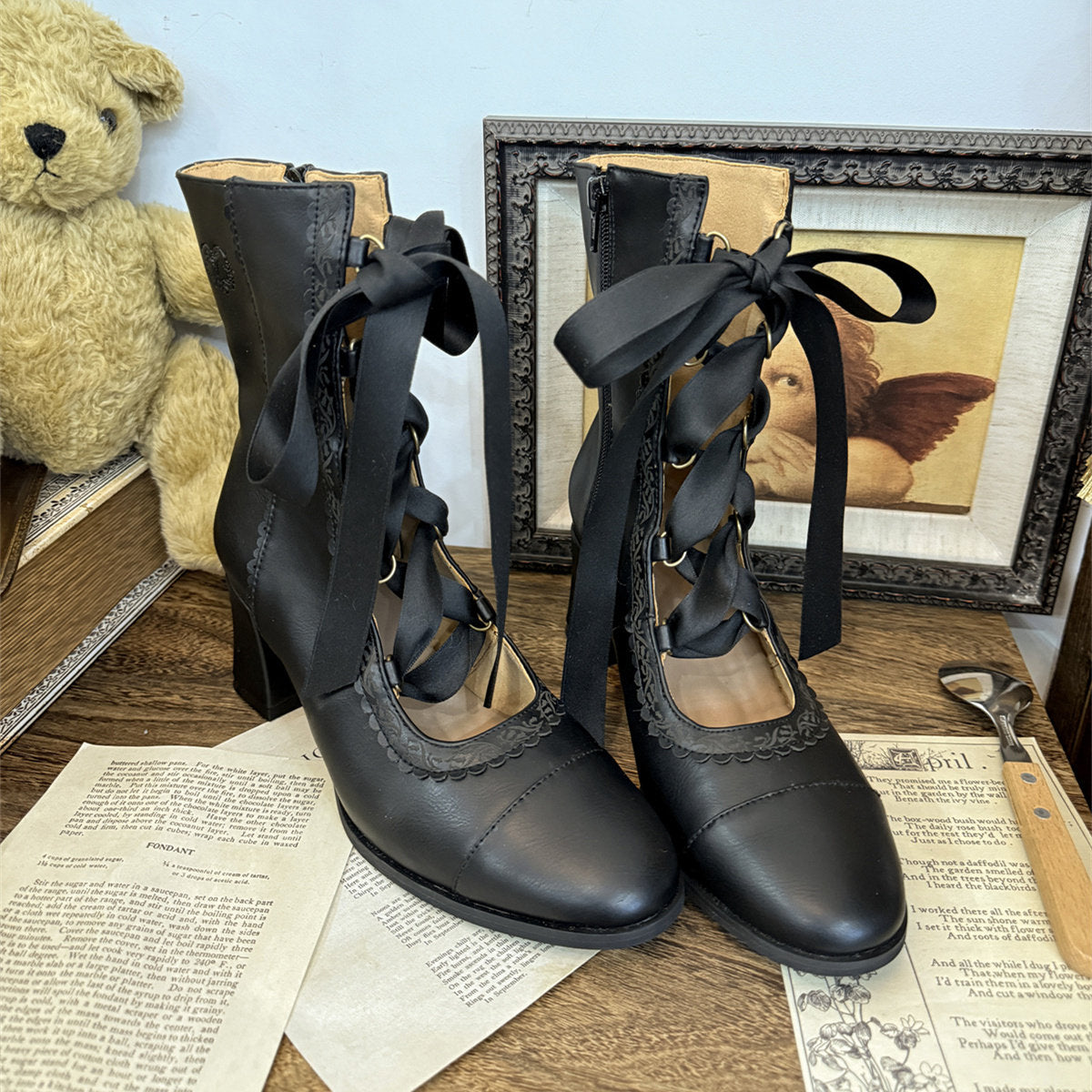 Angel Flower Wall Collaboration Lolita Original Lace-up Ankle Boots