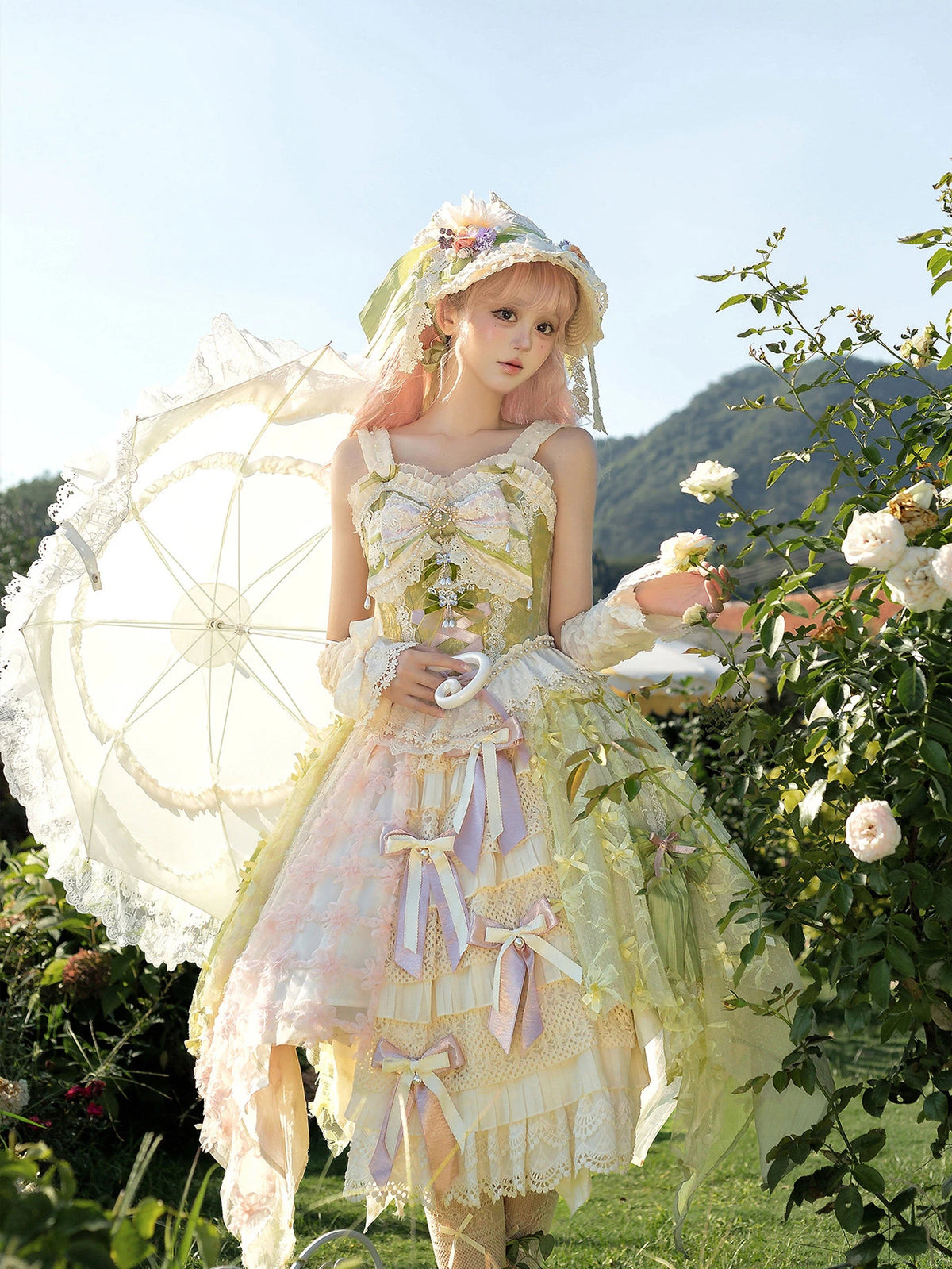 Whisper of Spring Field Lolita Original Green Boned Corset & Skirt Set