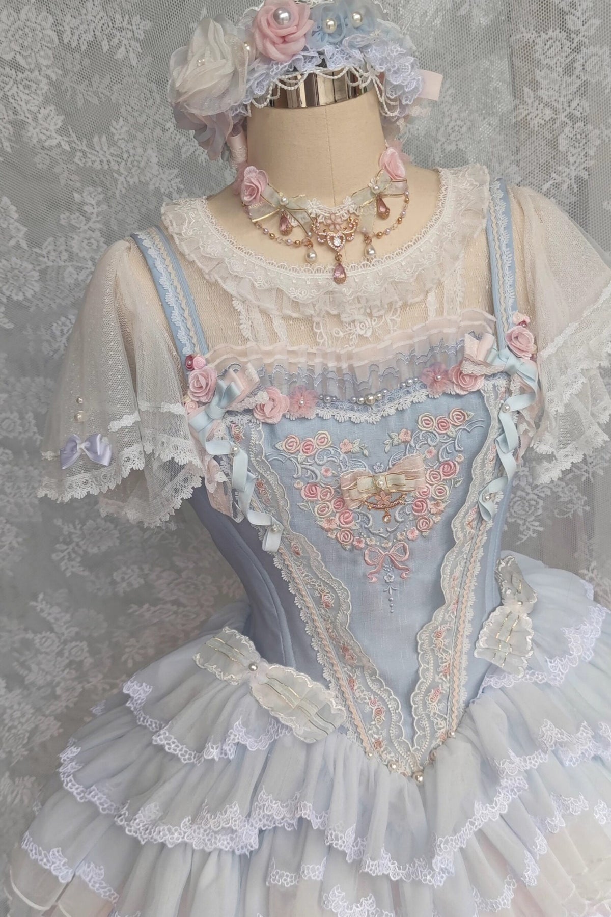 Dream Dance Lolita Bridal Embroidered Blue Boned Corset Dress