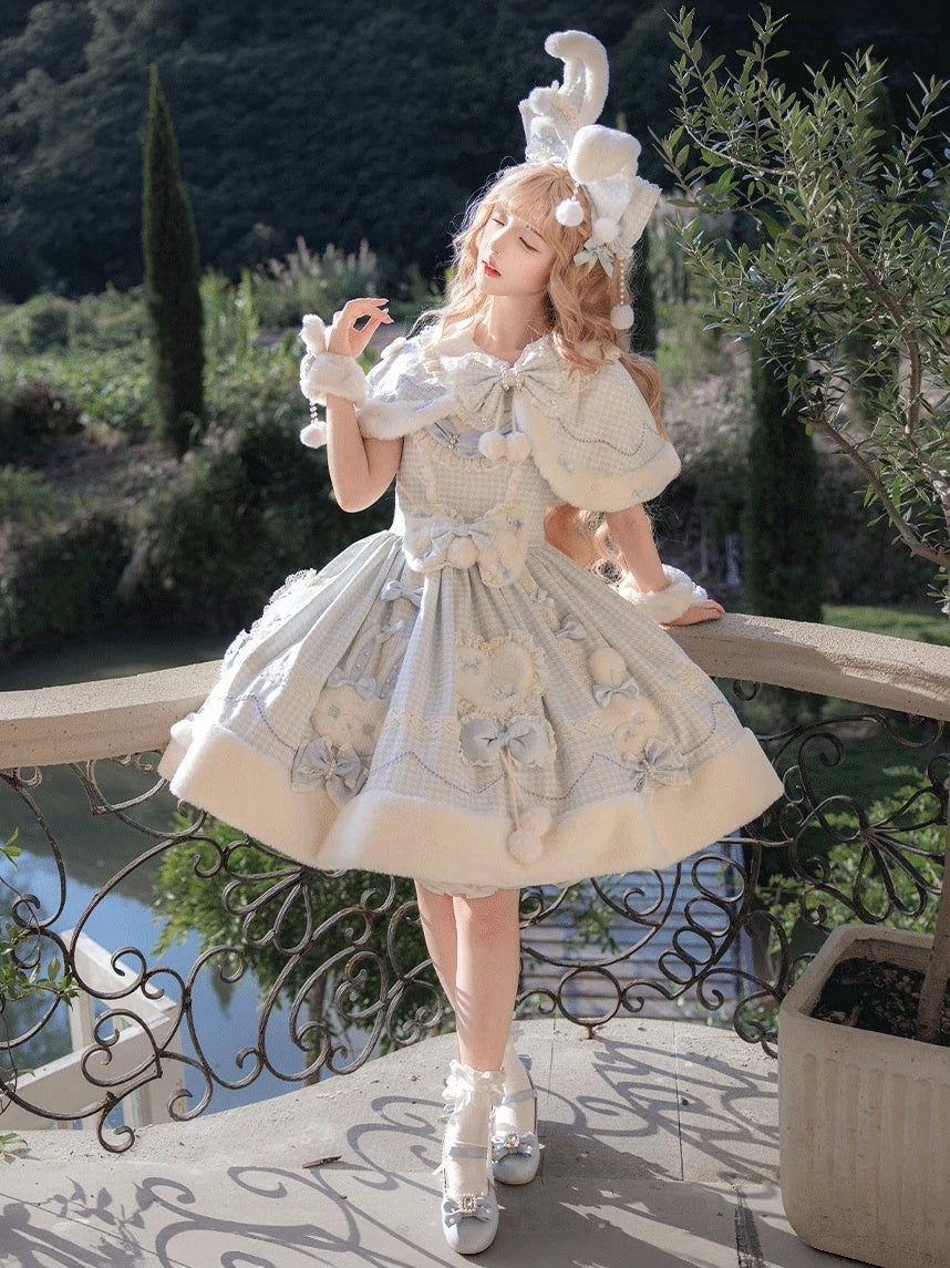 Bunny Ball 2.0 Lolita Winter Doll Style JSK Cape Set Blue Plaid Version