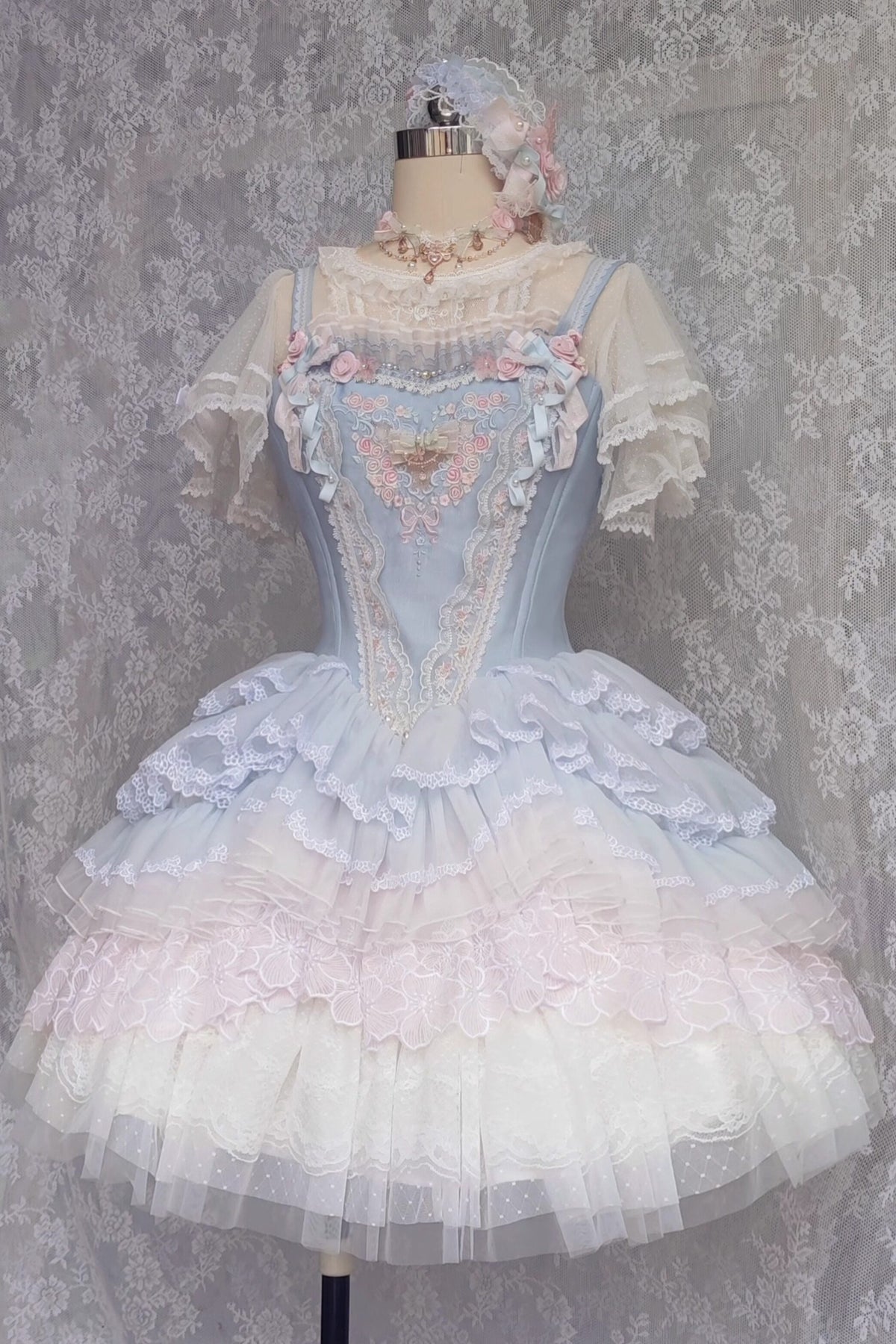 Dream Dance Lolita Bridal Embroidered Blue Boned Corset Dress