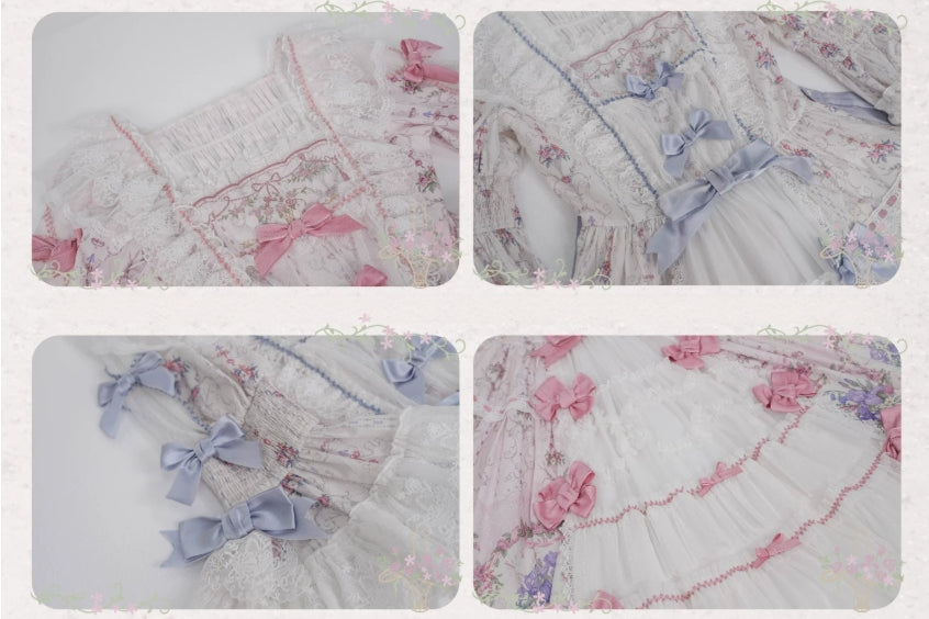 Iris Clock Floral‑Wall Front‑Opening Lolita Hime‑Sleeve Dress