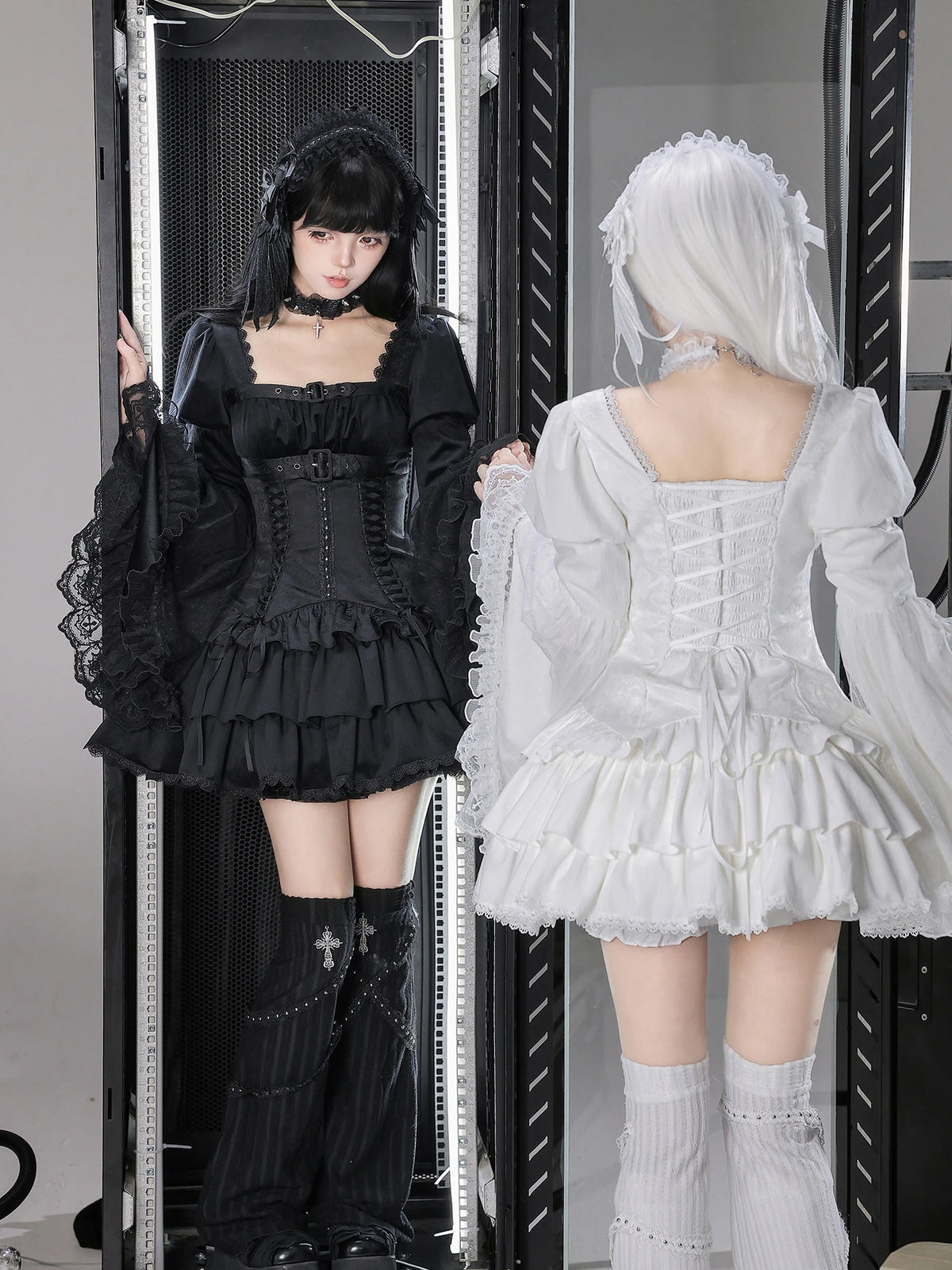 White Night Feather Lolita Sweet Cool Hime Sleeve Mini Dress Set