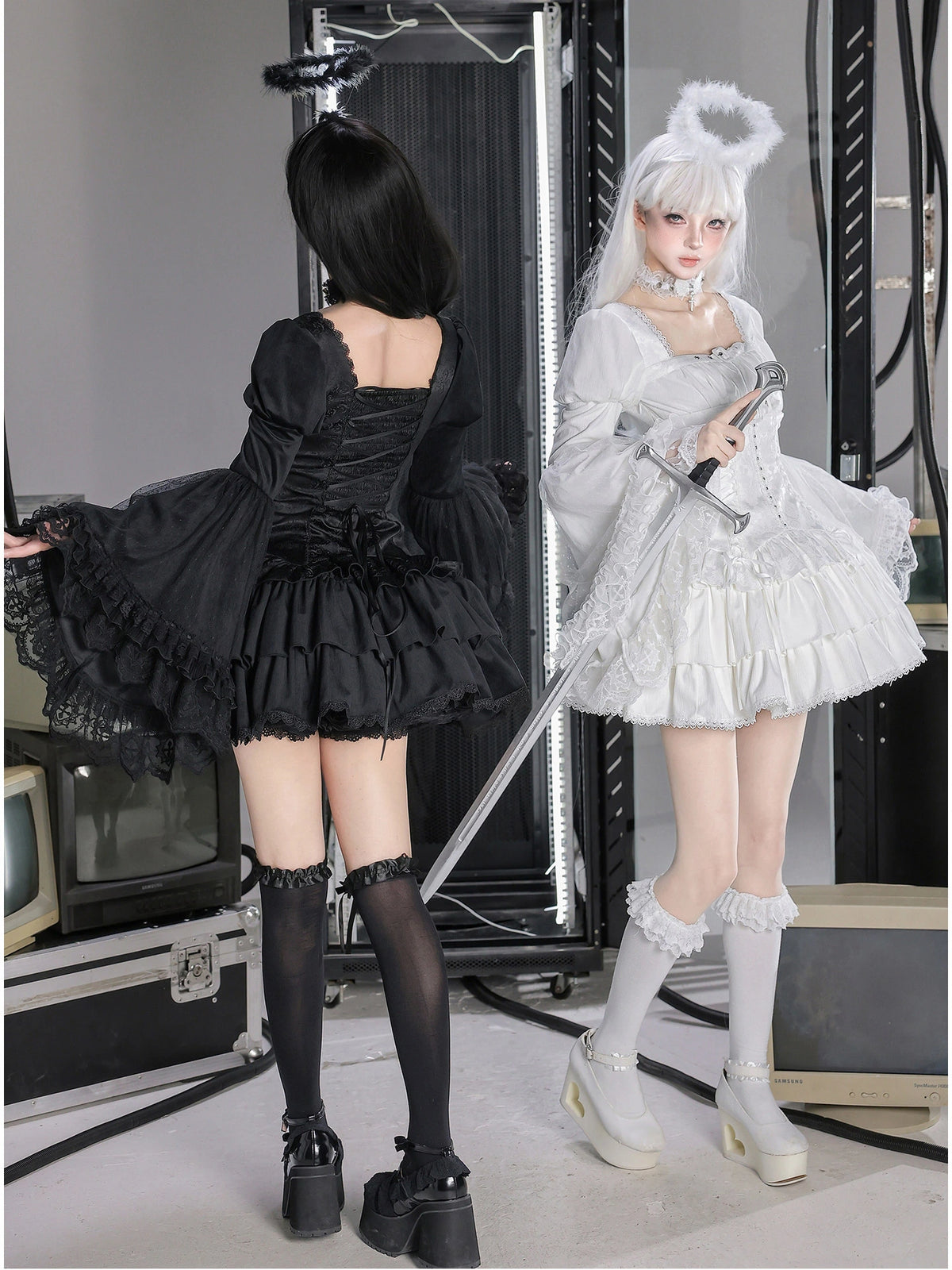 White Night Feather Lolita Sweet Cool Hime Sleeve Mini Dress Set