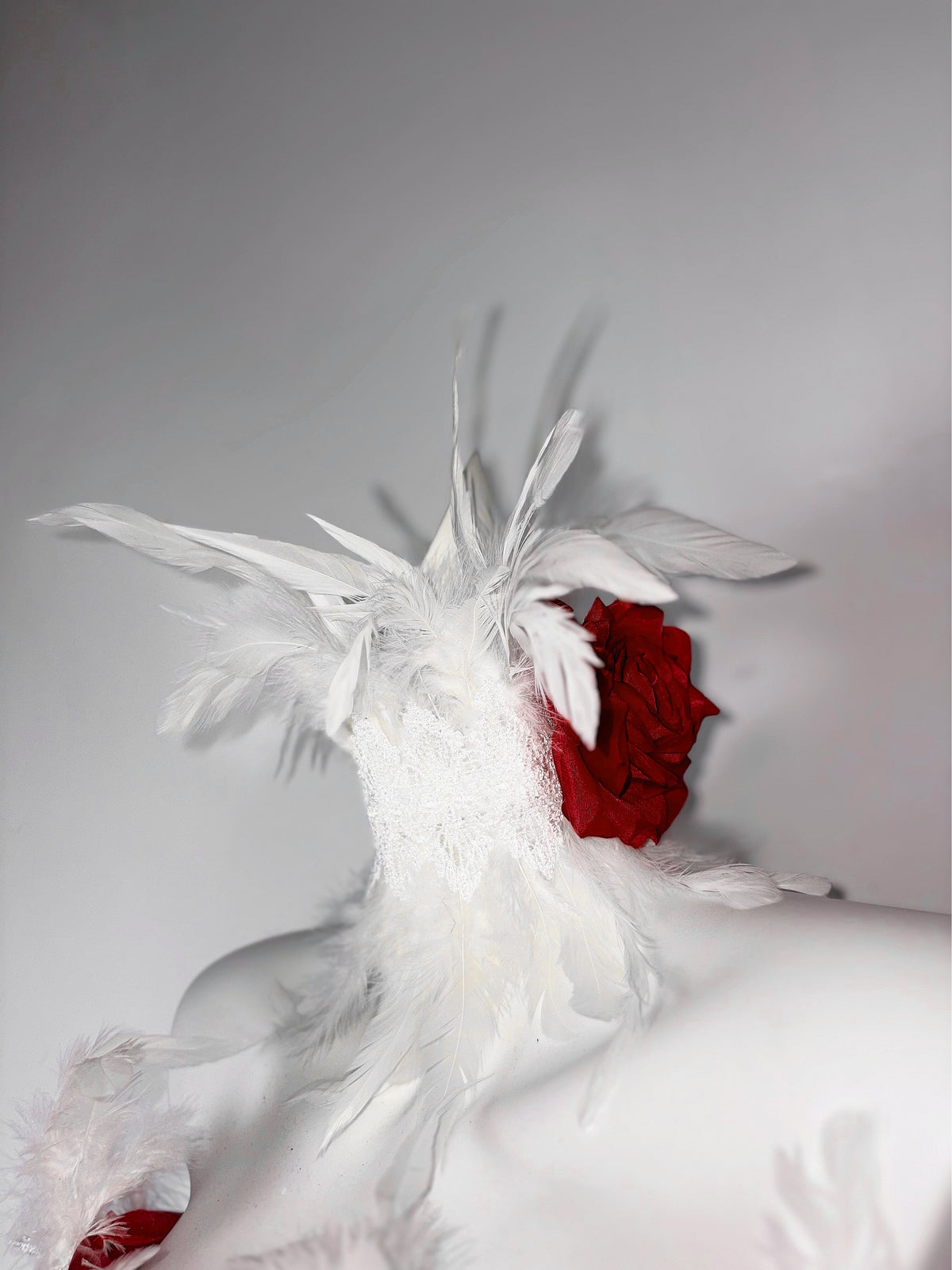 Red and White Roses Gothic Drawstring Feather Corset