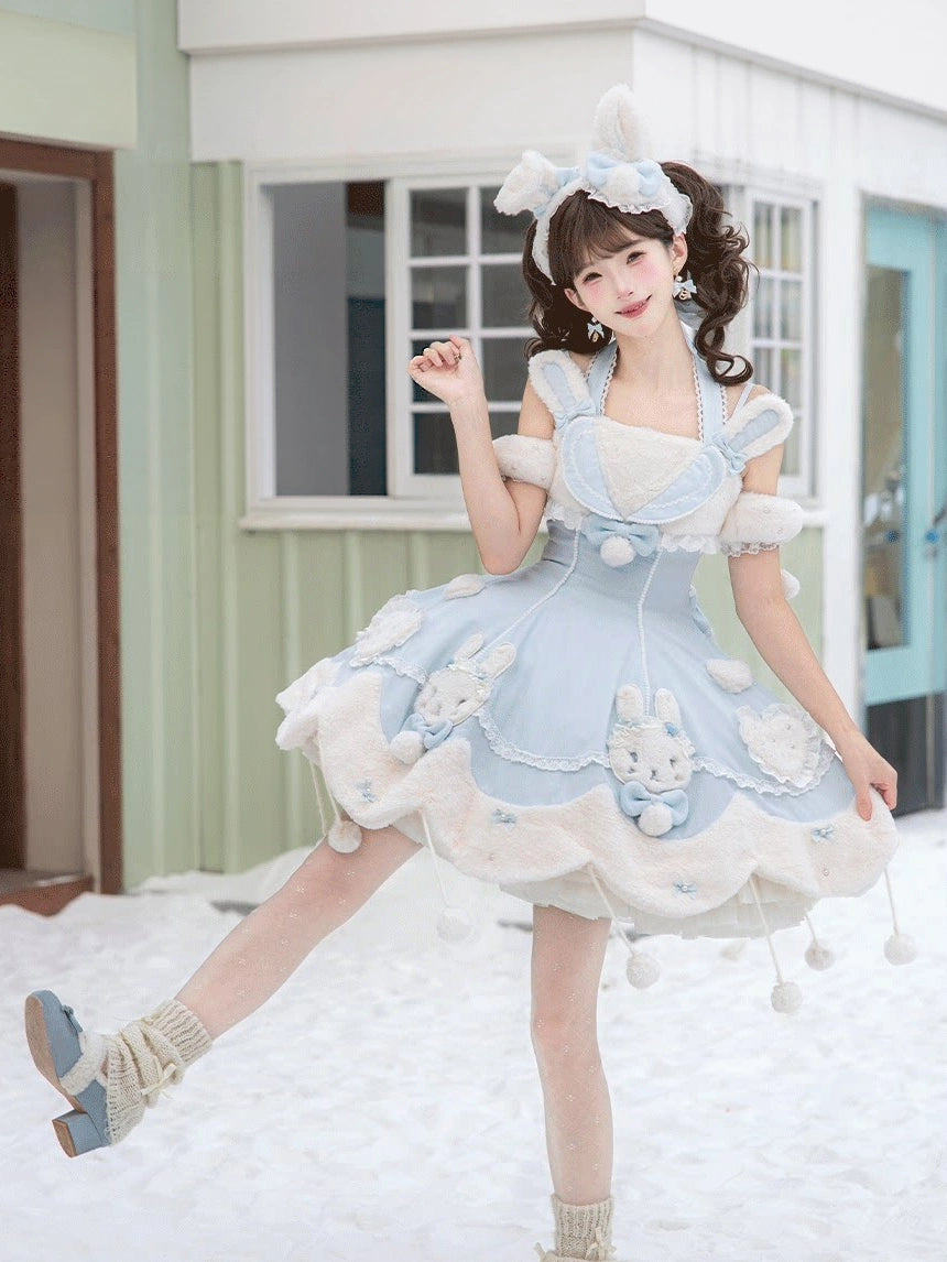 Bunny Ball 2.0 Lolita Winter Doll Style JSK Cape Set Blue Halter Version