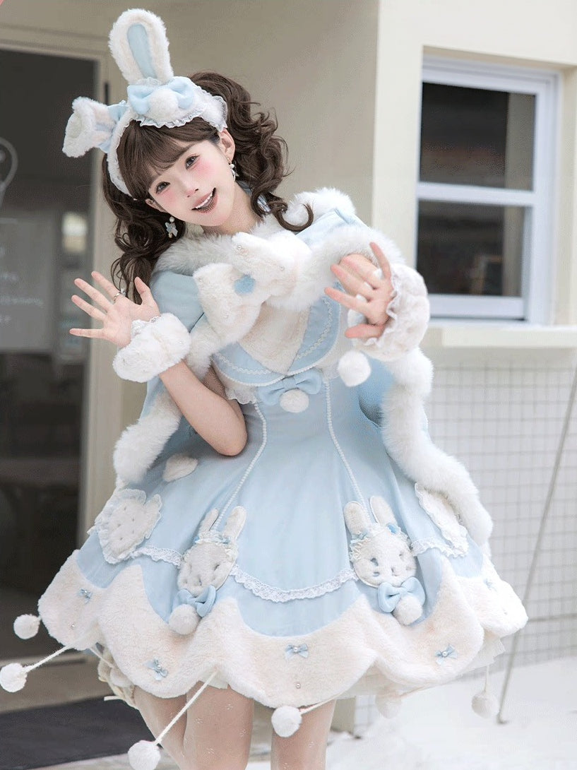 Bunny Ball 2.0 Lolita Winter Doll Style JSK Cape Set Blue Halter Version