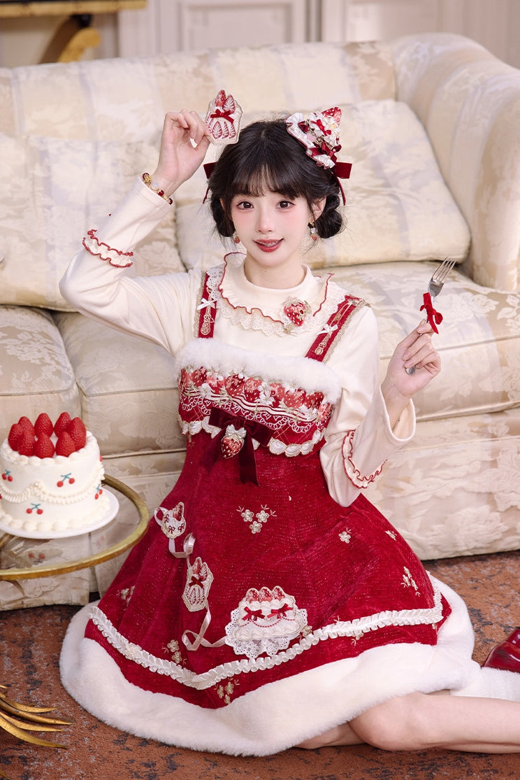 Pale Snow Strawberry Lolita Christmas Sweet Embroidery JSK Dress