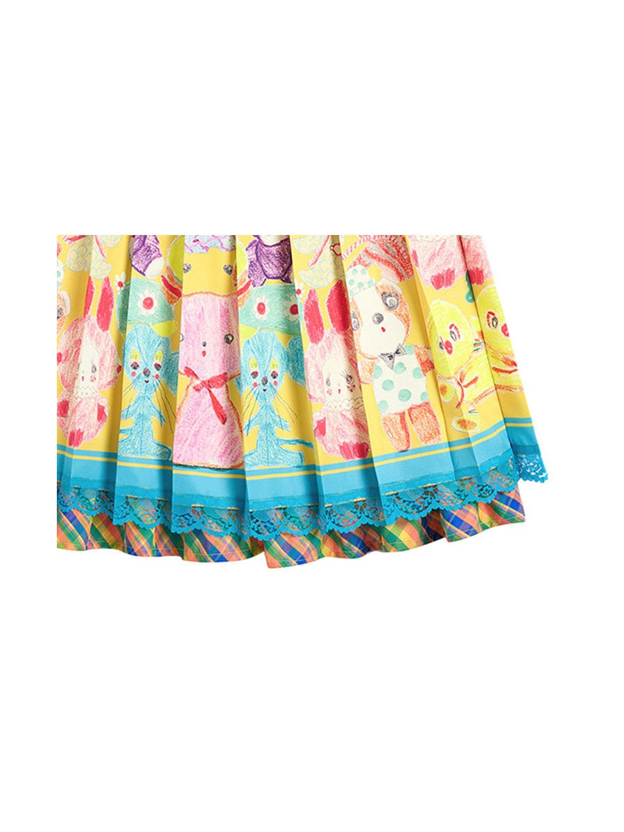 Color Block Doll Graffiti Pleated Long Skirt