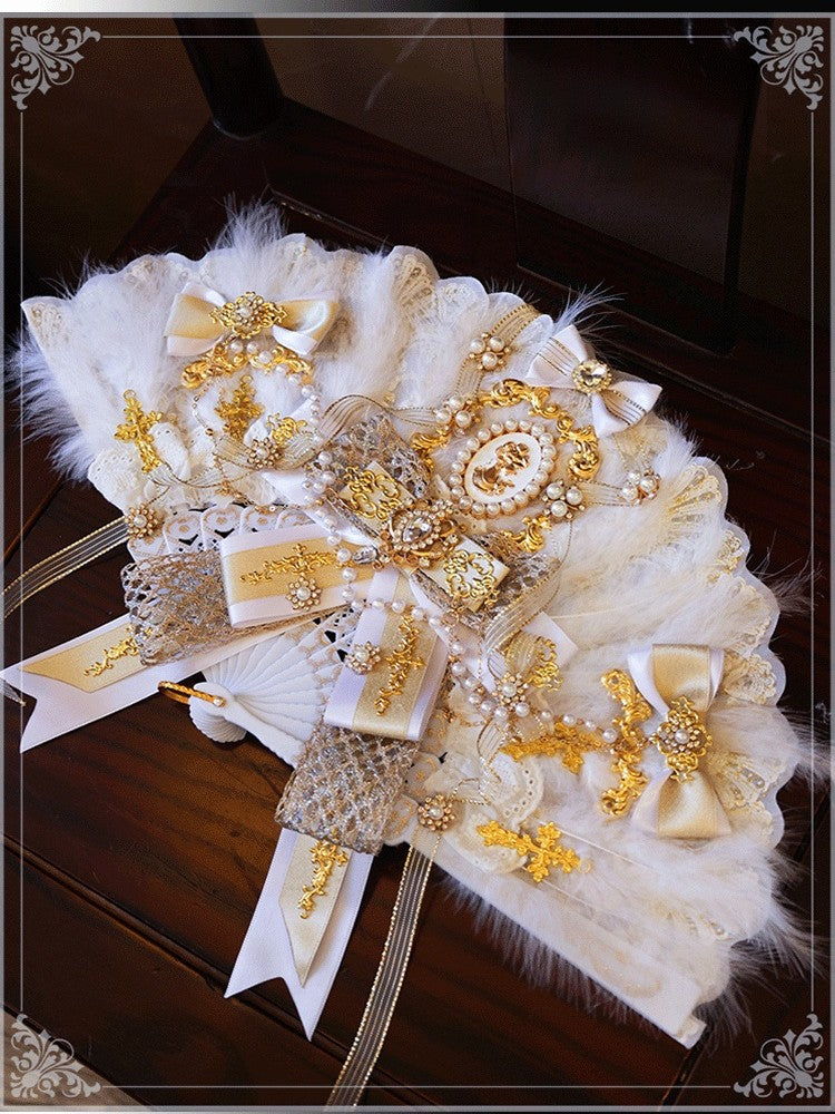 Lolita Handmade Imperial Gorgeous Palace Style Black & White Feather Fan