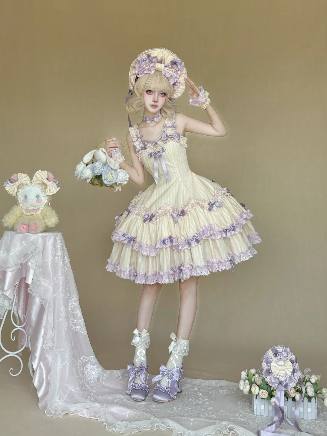Eternal Girl‑Heart Printed Striped High‑Waist Lolita JSK/OP Dress