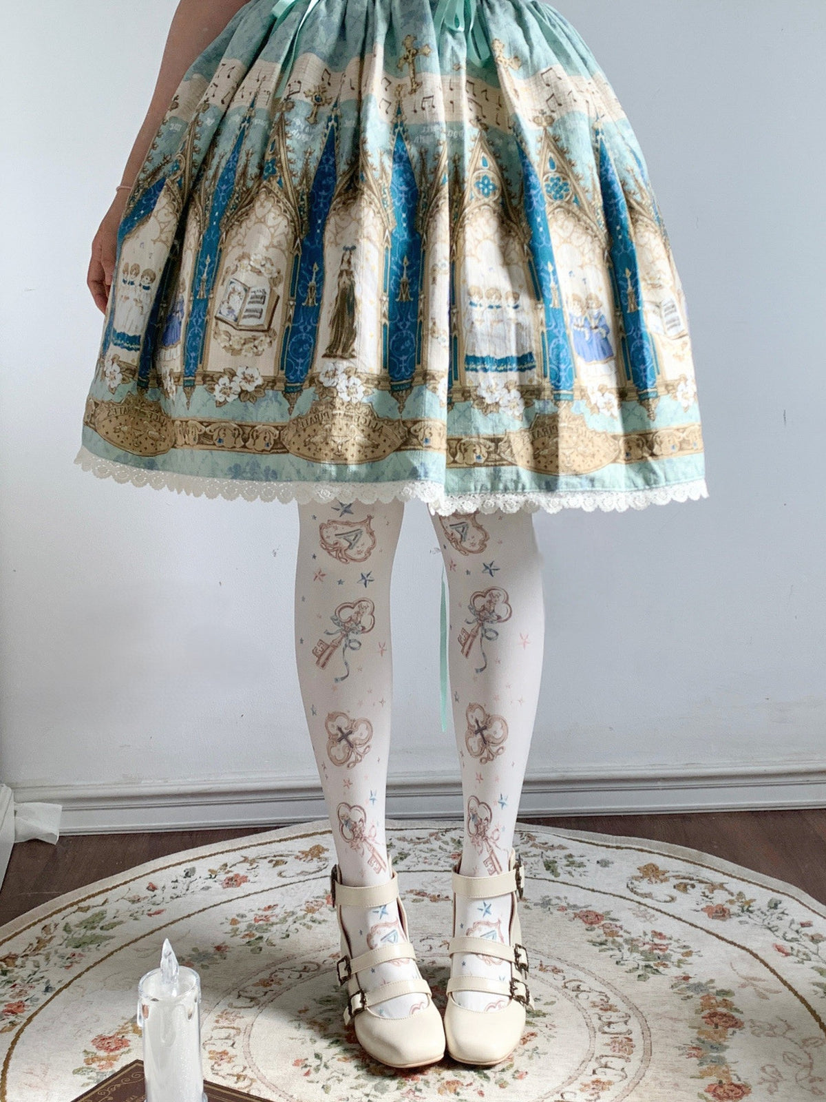 Alice Gold or Silver Key Print Stretch Velvet Lolita Tights