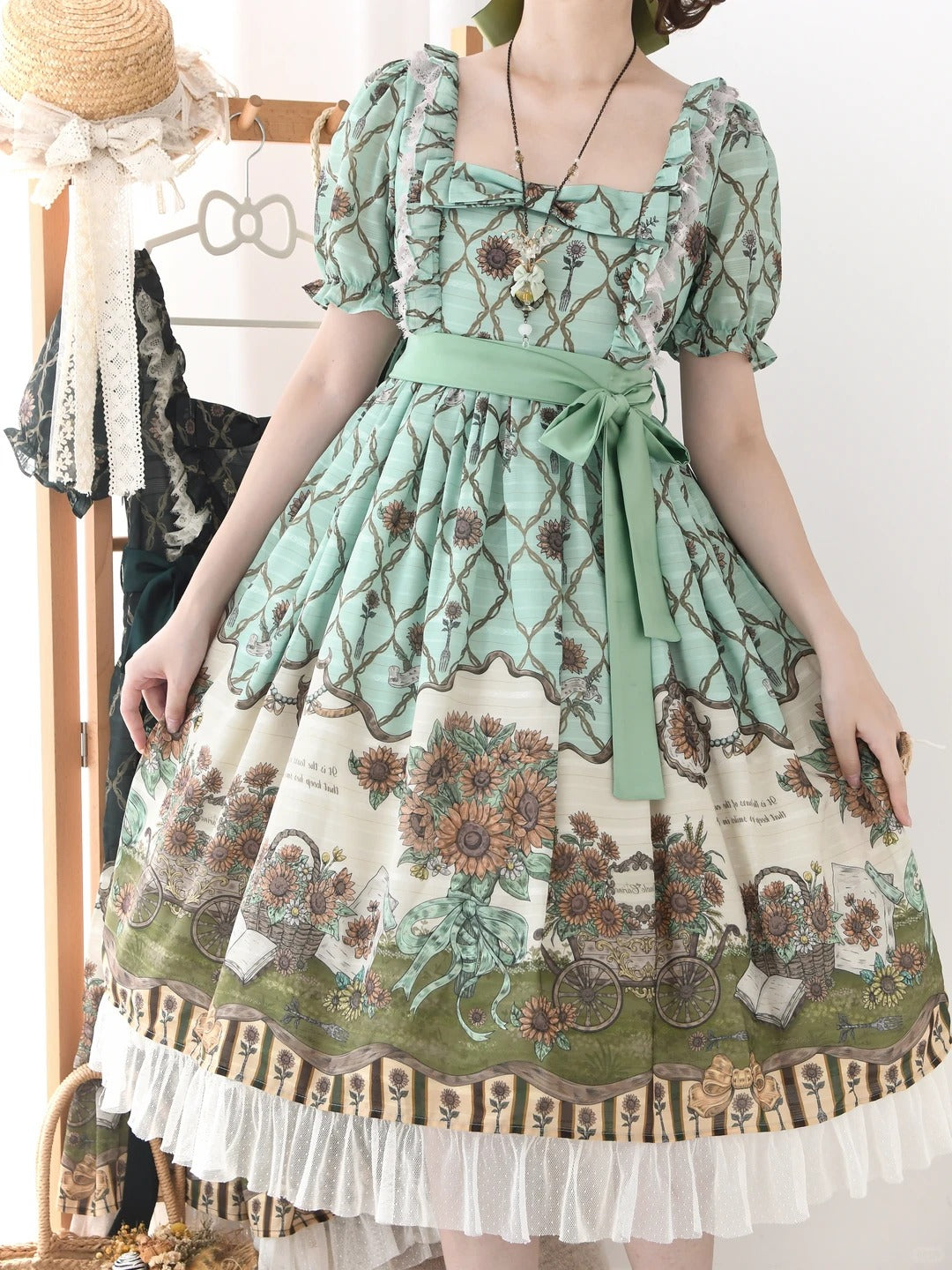 Golden Sunlit Summer Sunflower Print Classic Lolita Short Sleeve OP Dress