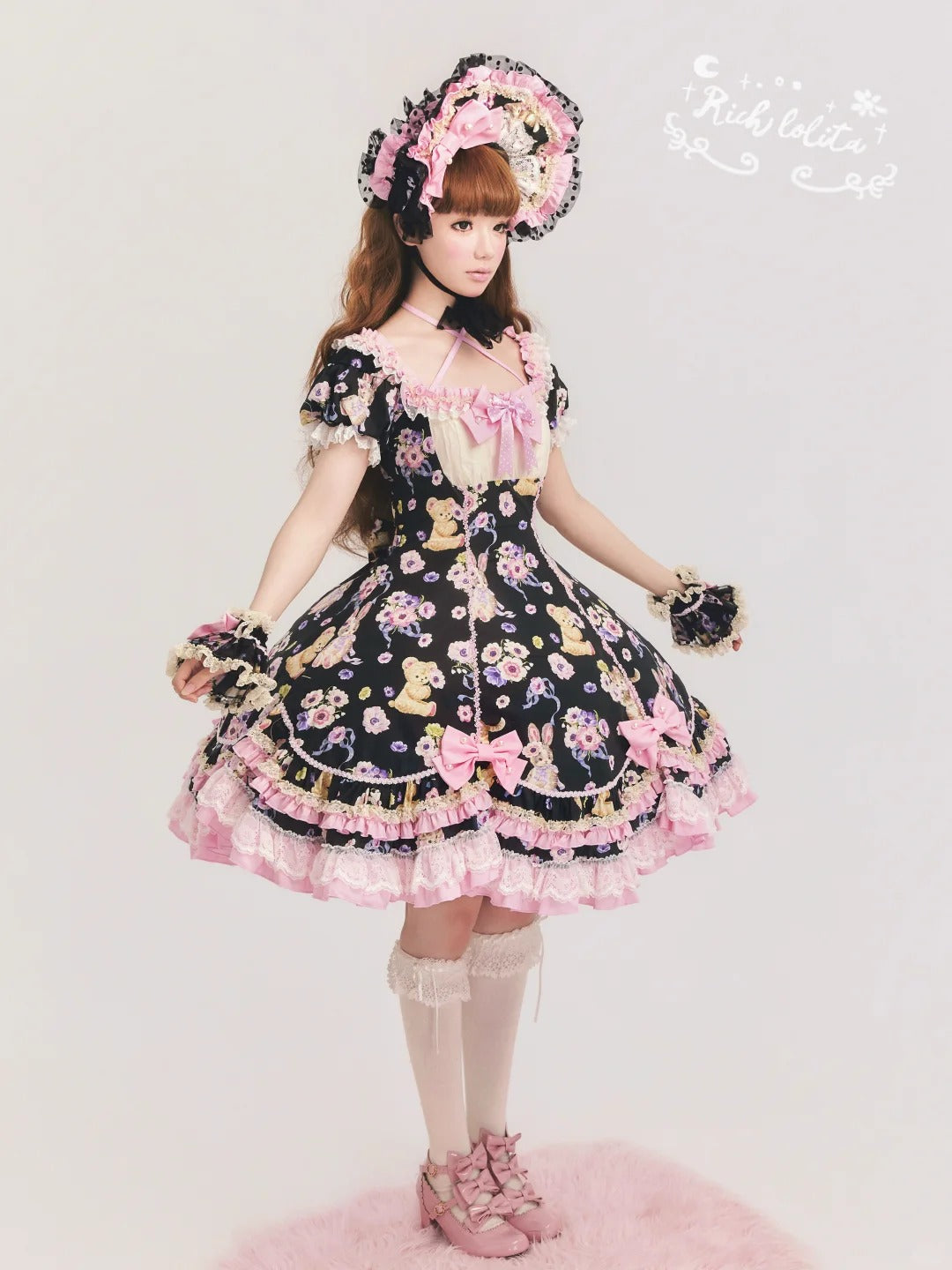 Be My Sweetheart Bear Bunny Floral Print Fitted Sweet Lolita OP Dress