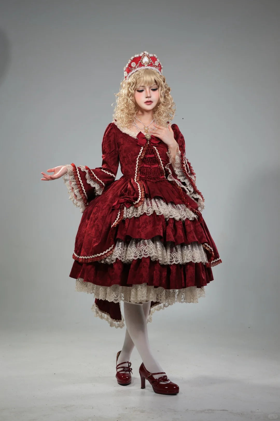 Scarlet Overture Gorgeous Red‑Gold Lolita Bridal Dress