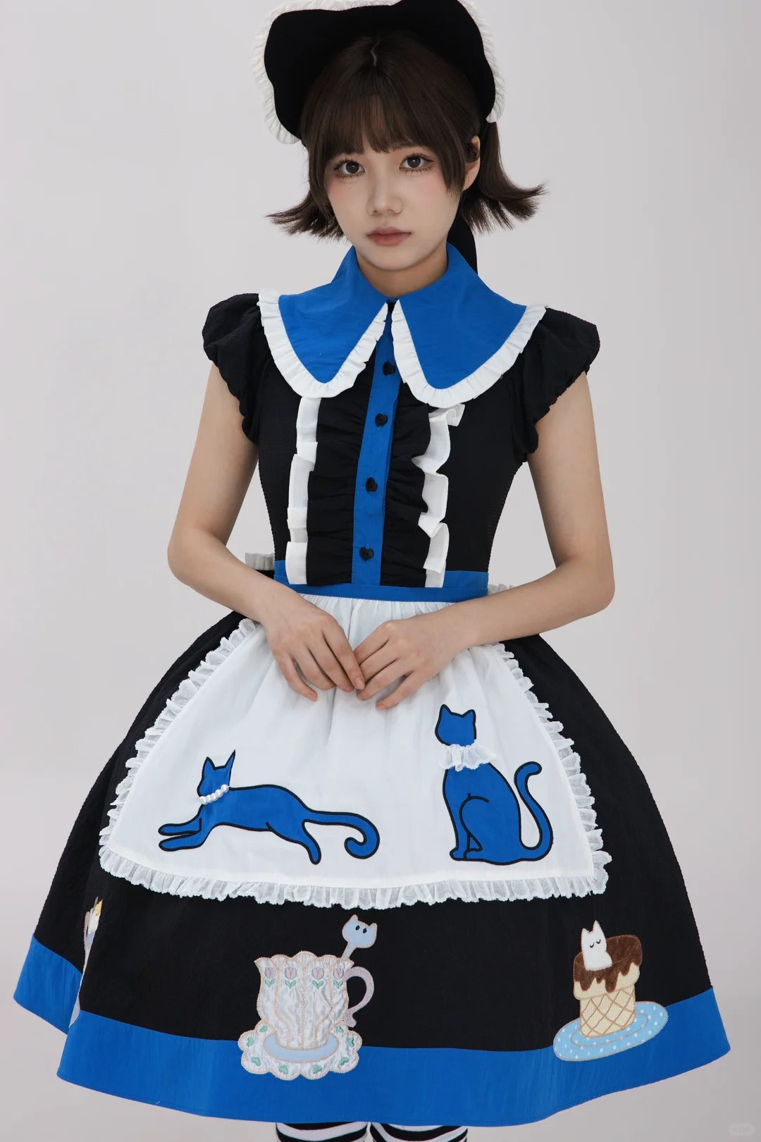 Tea Cup Meow Blue Black Cat Ear Alice Apron Sweet Lolita OP Dress