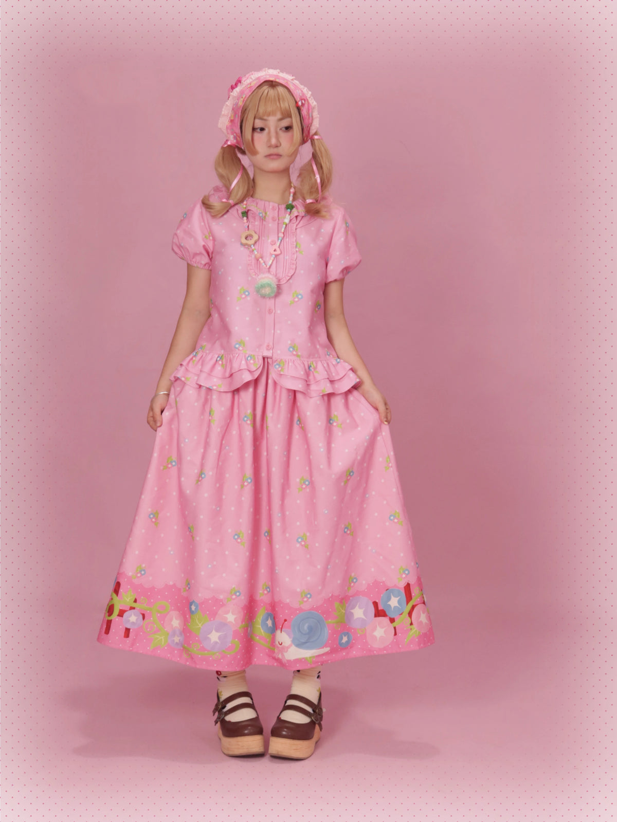 Morning Glory Lolita Original Design Printed Short Sleeve Skirt Set