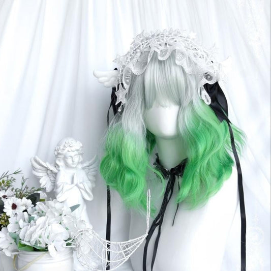 Short Curly Silver to Green Y2K Wig LE7012