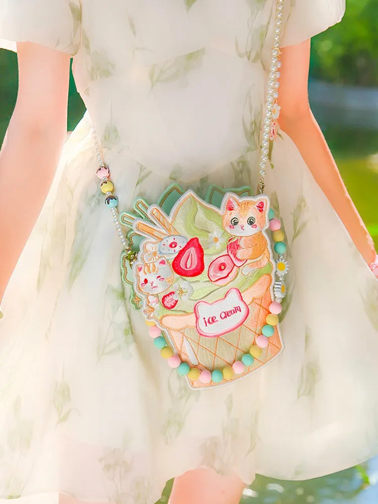 Double-Sided Ice Cream Lolita Sweet Silk Embroidery Crossbody Bag