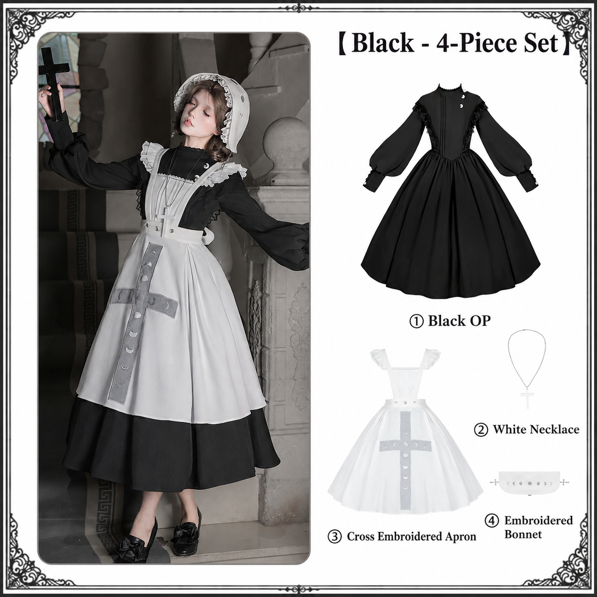Moon Phase Lolita Gothic Lace High Collar Apron OP Dress