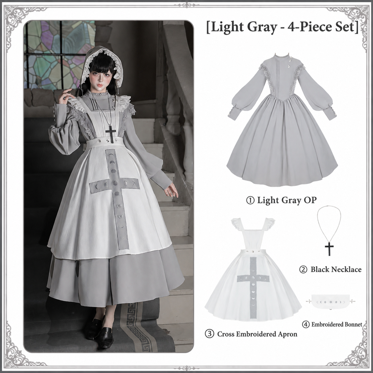 Moon Phase Lolita Gothic Lace High Collar Apron OP Dress