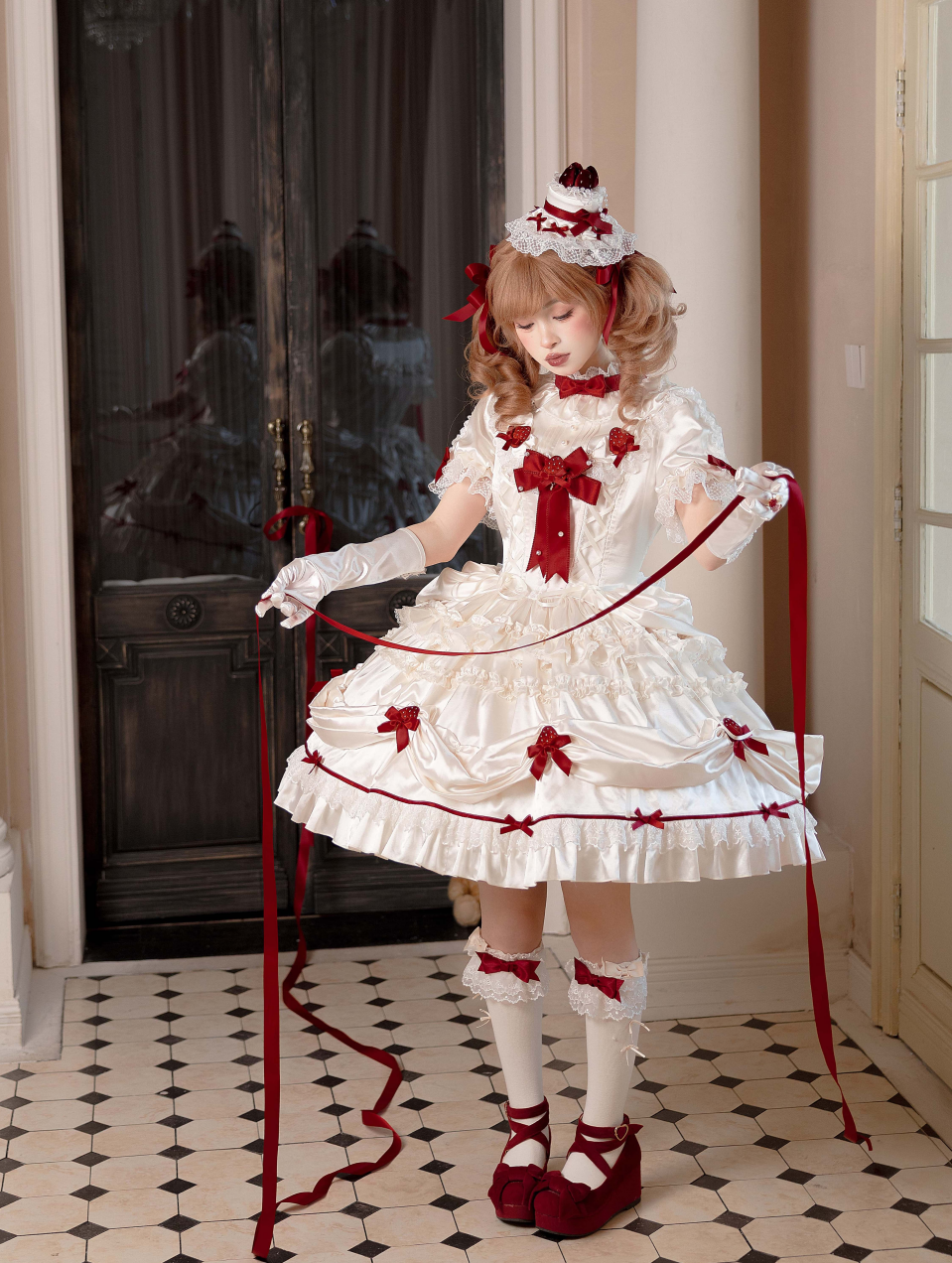 Paria Cream Strawberry Satin Lolita OP Dress