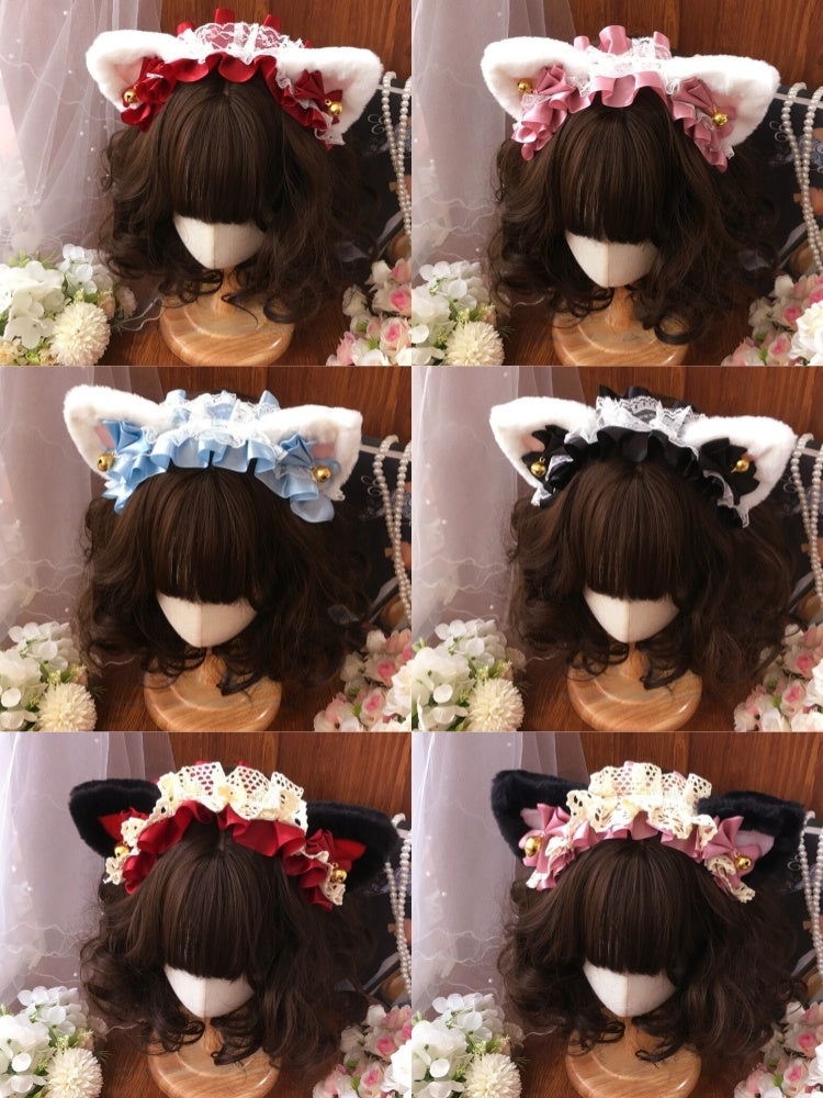 Plush Cat Ear Lace Lolita KC Headband with Bell Classic Vintage Style