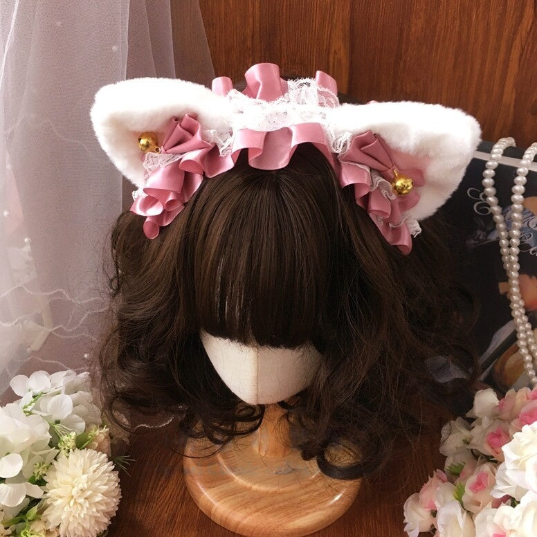 Plush Cat Ear Lace Lolita KC Headband with Bell Classic Vintage Style