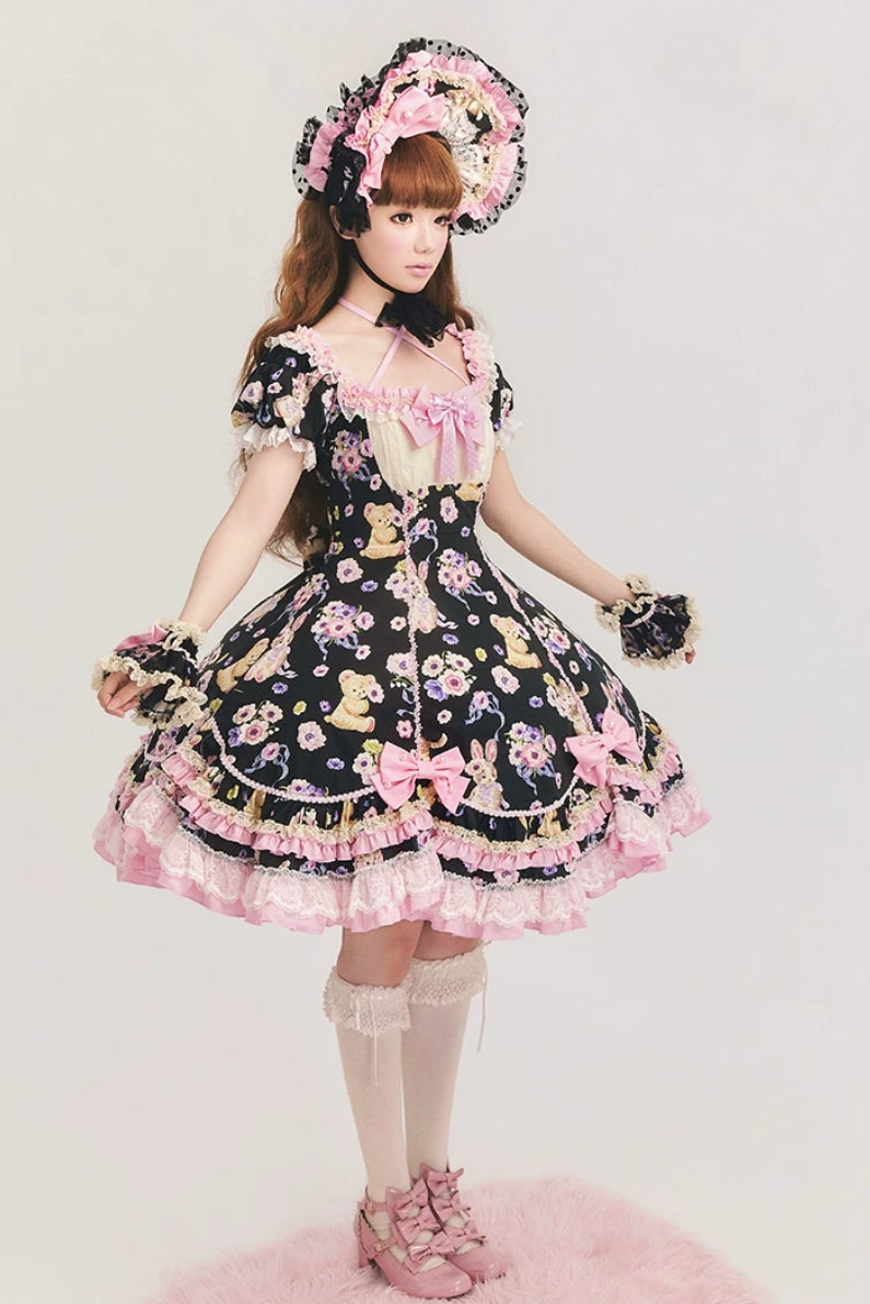 Be My Sweetheart Bear Bunny Floral Print Fitted Sweet Lolita OP Dress