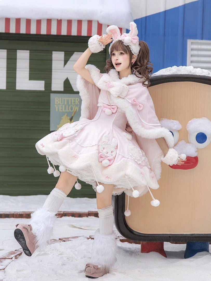 Bunny Ball 2.0 Lolita Winter Doll Style JSK Cape Set Pink Halter Version