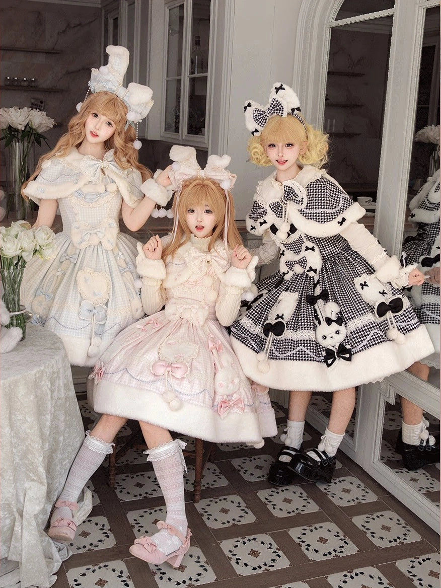 Bunny Ball 2.0 Lolita Winter Doll Style JSK Cape Set Black Plaid Version